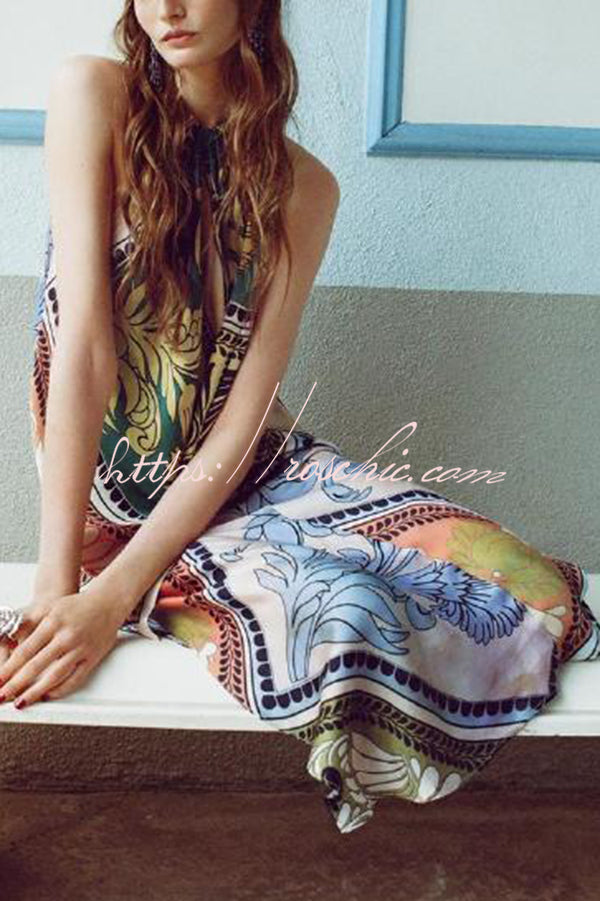 Unique Printed Halterneck Sleeveless Loose Lace-up Midi Dress