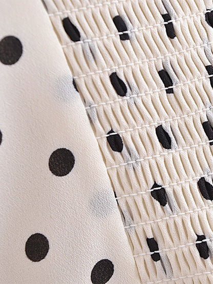 Summer Midi Dress White Straps Neck Pleated Polka Dot Beach Dress