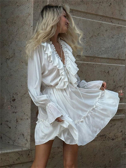 Tossy Ruffled V-Neck White Mini Dress – Long Sleeve Elegant Bandage Fashion Dress