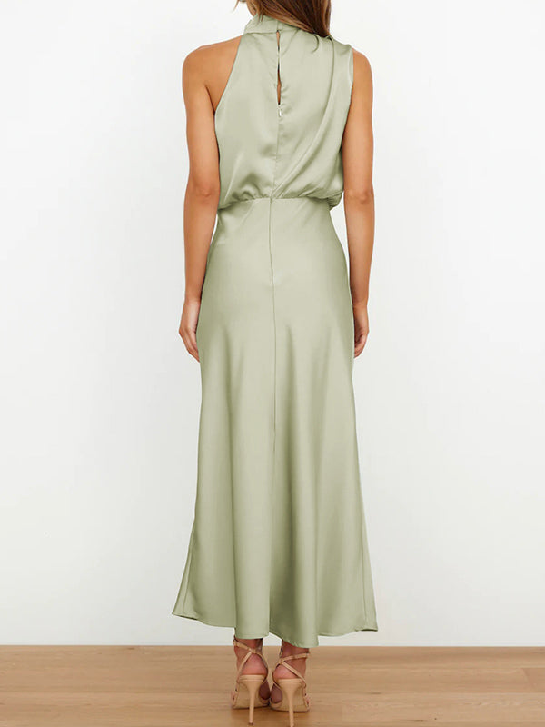 Sleeveless Solid Color Halter-Neck Midi Dresses