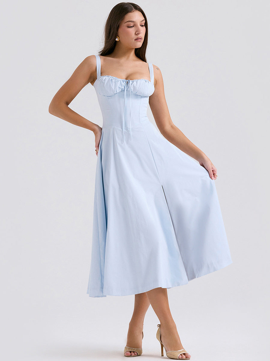 Summer Dress Sleeveless Straps Neck Chic Lace Up Midi Dress For Women