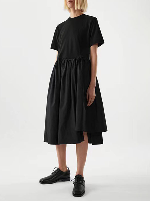 Casual Loose Short Sleeves Solid Color Round-Neck Midi Dresses
