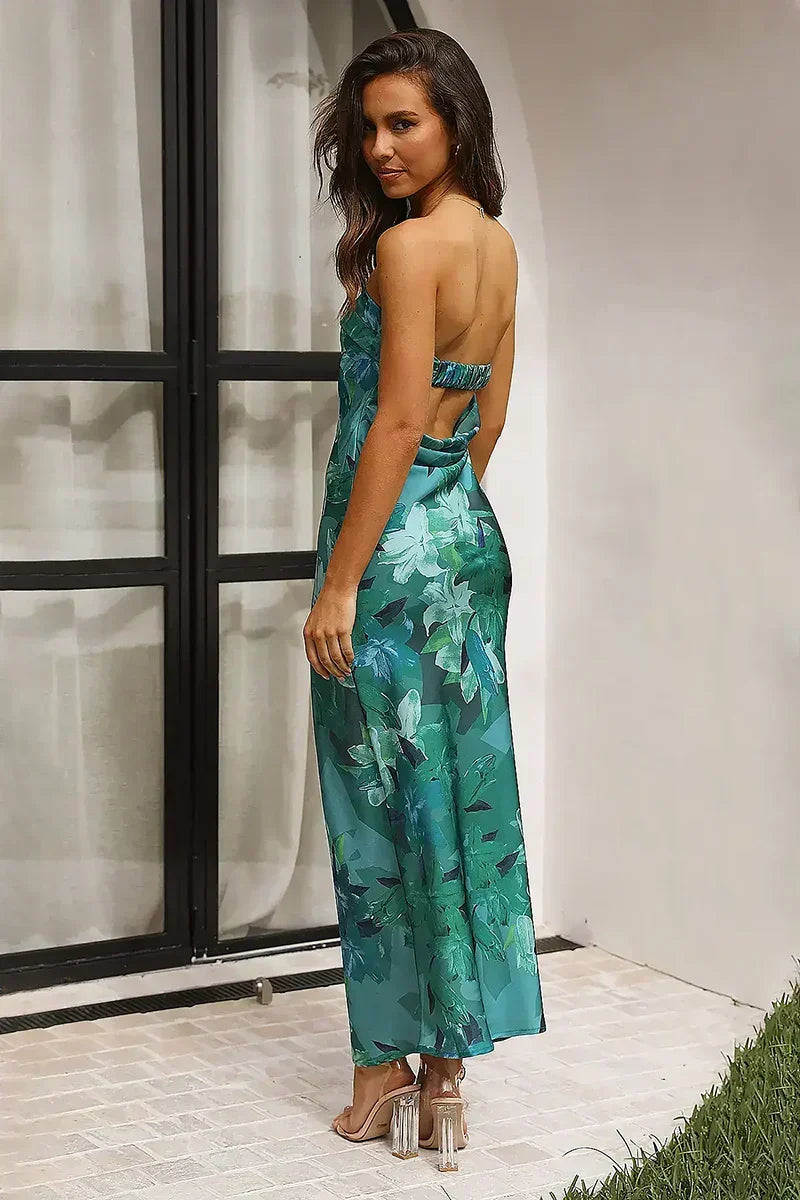 Strapless Foldover Neck Large Scale Floral Print Satin Column Maxi Dress
