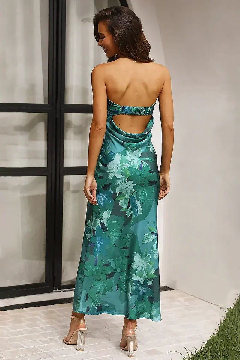 Strapless Foldover Neck Large Scale Floral Print Satin Column Maxi Dress