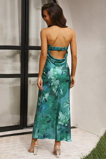 Strapless Foldover Neck Large Scale Floral Print Satin Column Maxi Dress