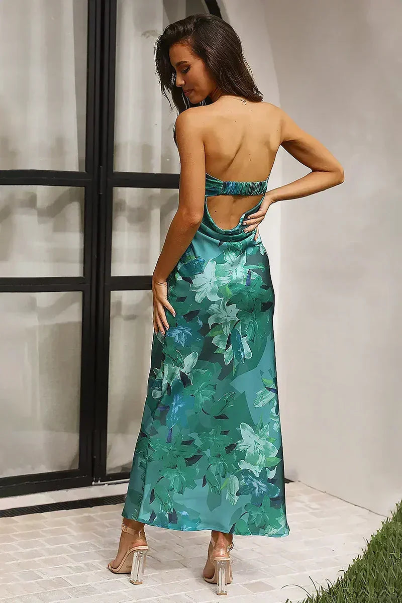 Strapless Foldover Neck Large Scale Floral Print Satin Column Maxi Dress