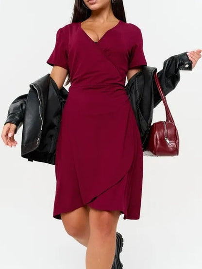 Short-sleeved V-neck Solid Color One-piece Short Dress