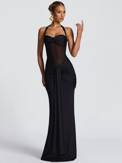 Mesh Splicing Ribbon Neckband Fish Tail Maxi Dresses