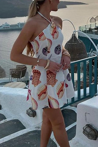 Seashell Print Halter Neck Ring Hardware A-Line Mini Dress