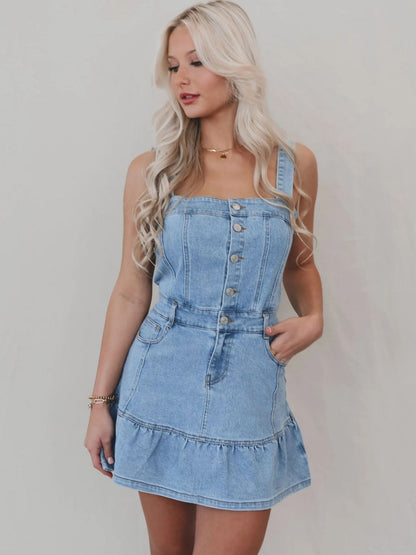 Denim Ruffle Buttons Spaghetti Strap Waist Mini&Short Dresses