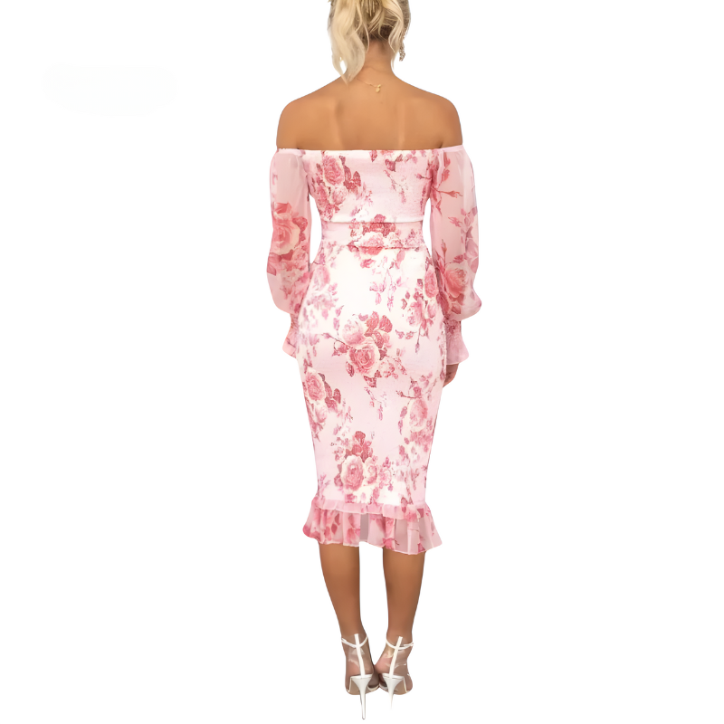 Floral Print Off-Shoulder Smocked Puff Sleeve Ruffle Hem Midi Dress