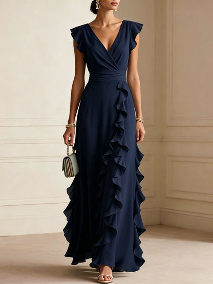 Solid Color Pleated Short Sleeve V-neck Chiffon Long Dress