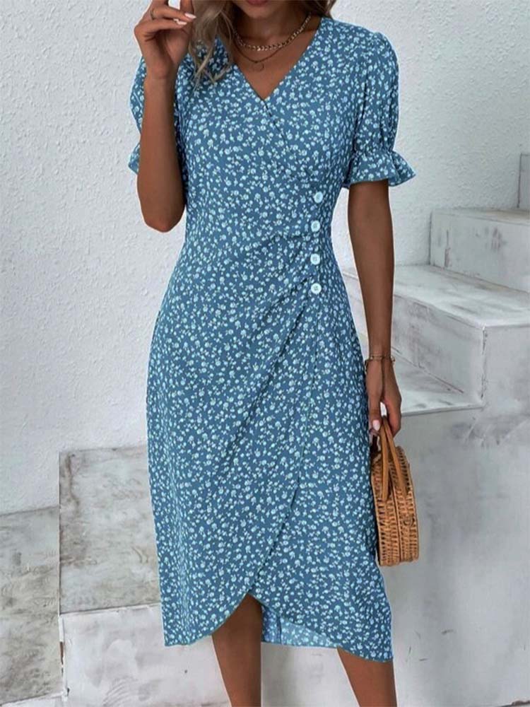 Deep V Neck Puff Sleeve Ditsy Floral Wrap Tulip Hem Midi Dress