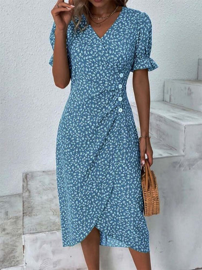 Deep V Neck Puff Sleeve Ditsy Floral Wrap Tulip Hem Midi Dress