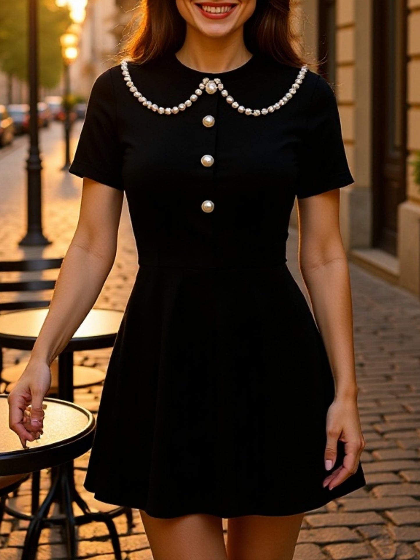 Color-blocked Detachable Peter Pan Collar Buttons Short Sleeves Mini&Short Dresses