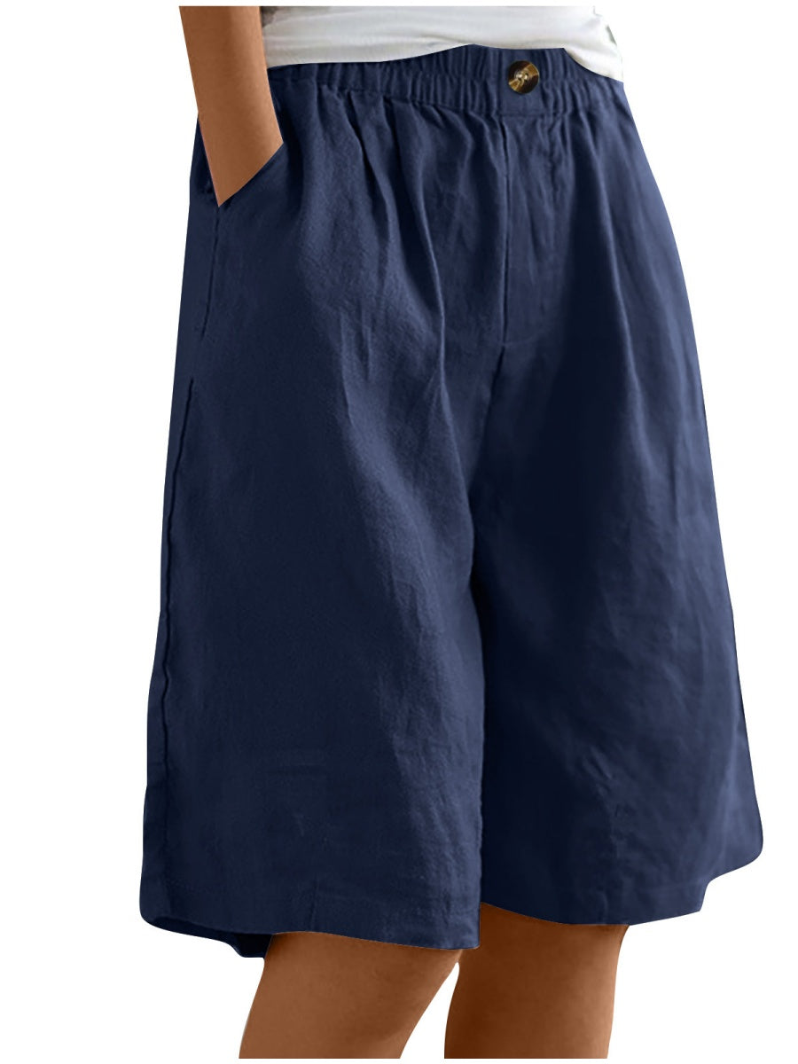 Button-down Cotton Linen Loose High-waisted Five-point Shorts