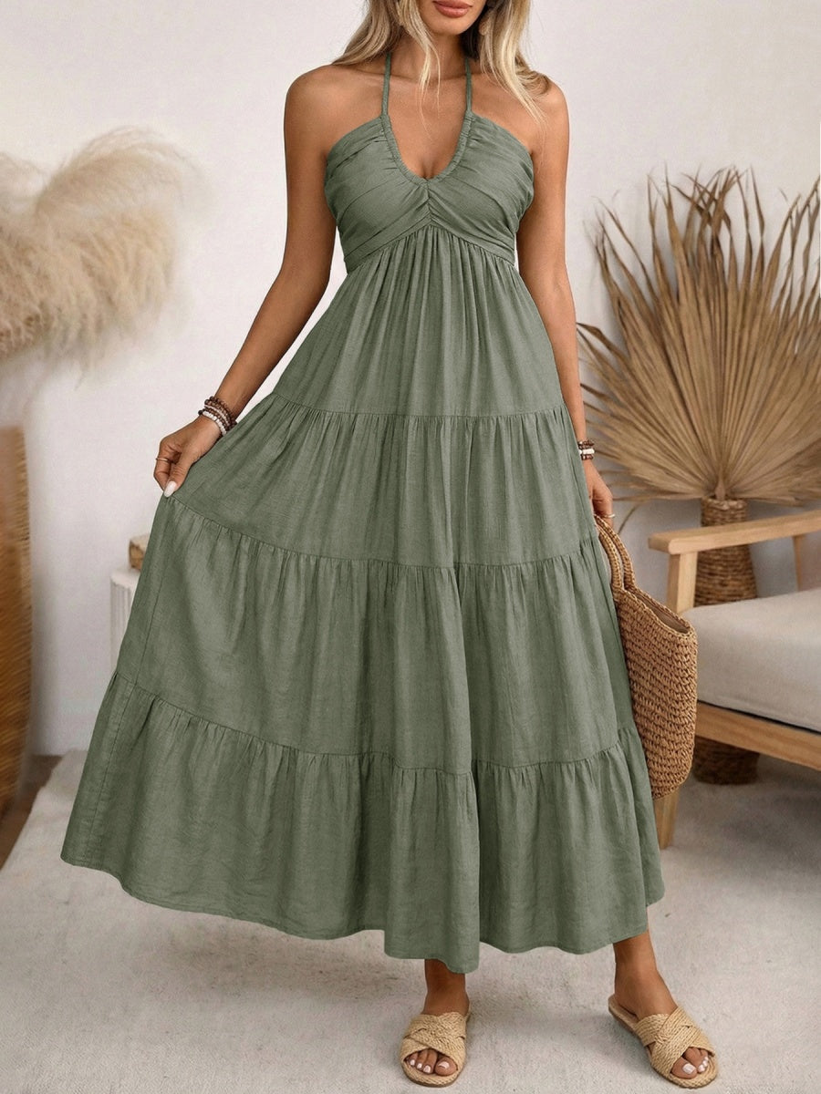 Halter V-neck Drawstring Loose-fit Vacation Maxi Dresses