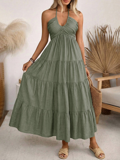 Halter V-neck Drawstring Loose-fit Vacation Maxi Dresses