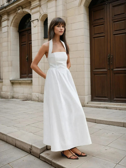 Simple and Chic Cotton & Linen Halter A Line Long Dress