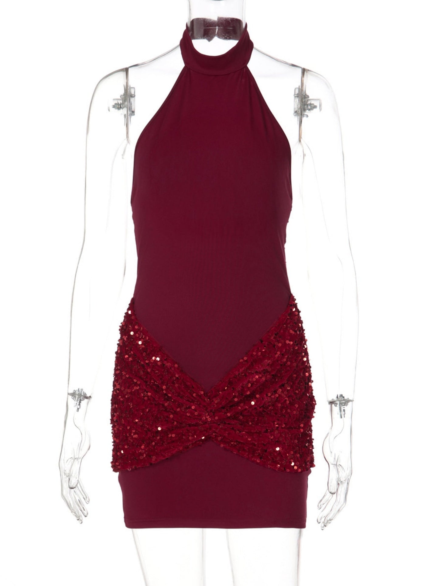 Sequins Exposed Backpack Buttocks Halter-neck Sleeveless Mini&Short Dresses