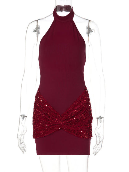 Sequins Exposed Backpack Buttocks Halter-neck Sleeveless Mini&Short Dresses