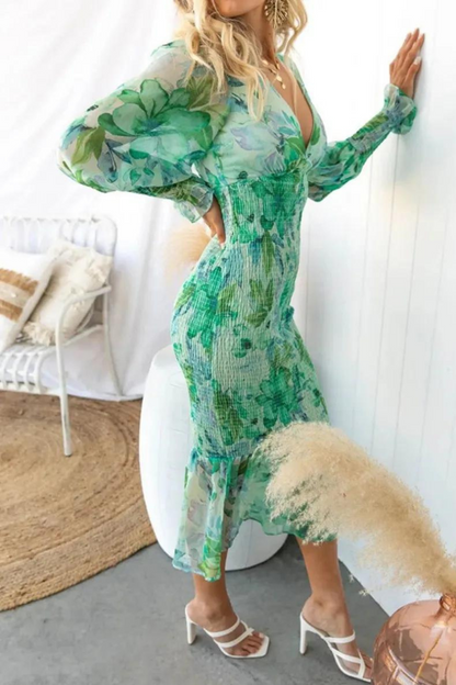 All Over Floral Print Deep V-Neck Bishop Sleeve Shirred Mermaid Flounce Hem Midi Dress