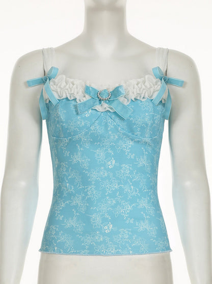 Lace Trim Bow Print Slimming And Waist-cinching Backless Tank Top
