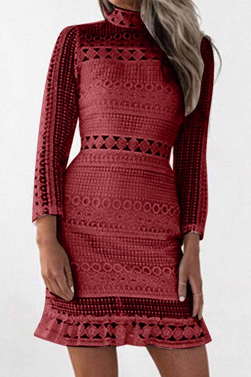 Mock Neck Long Sleeve Crochet Lace Ruffle Hem Bodycon Mini Dress