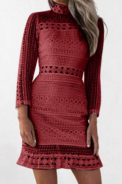 Mock Neck Long Sleeve Crochet Lace Ruffle Hem Bodycon Mini Dress