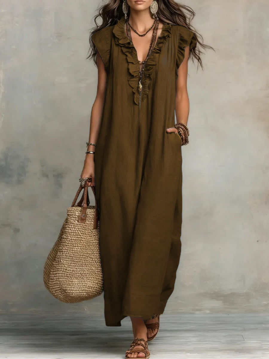 V-neck Pleats Solid Color Long Dress