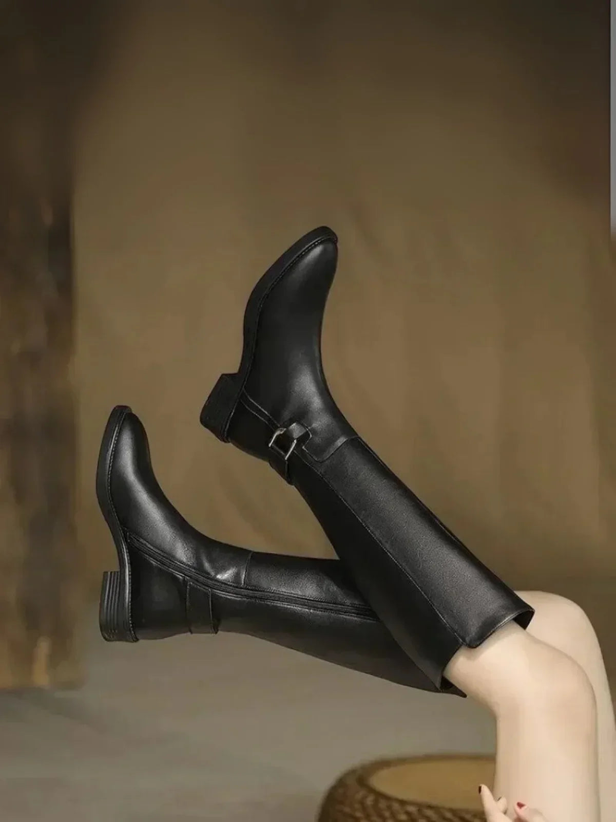 Knee High Boots With Belt Buckle Chunky Heel Black Matte