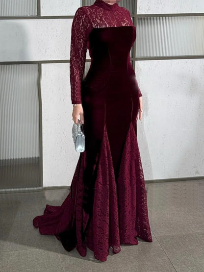 Burgundy Lace Long Sleeve Fishtail Evening Dress Maxi Dresses