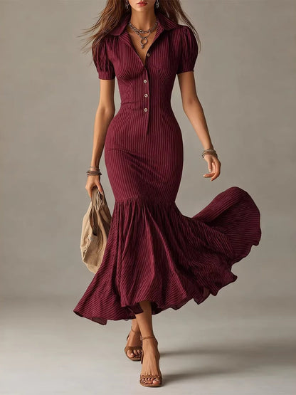 Casual Short-sleeved Striped Fishtail Maxi Dress