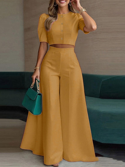 Cropped Buttons Jacket Wide-leg High-waisted Pants Set 2-piece Sets