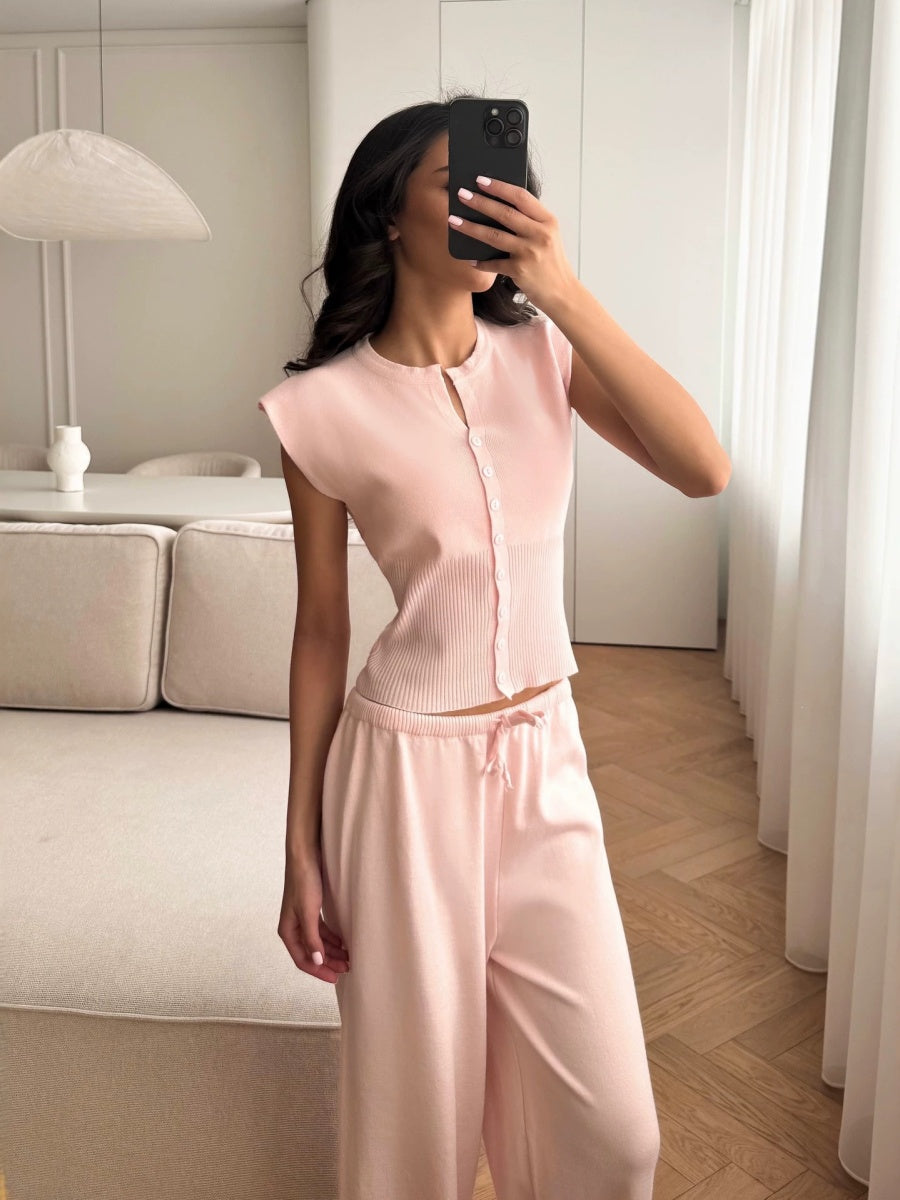 Crew Neck Sleeveless Cardigan Vest Wide-leg Pants Knitting Set 2-piece Sets