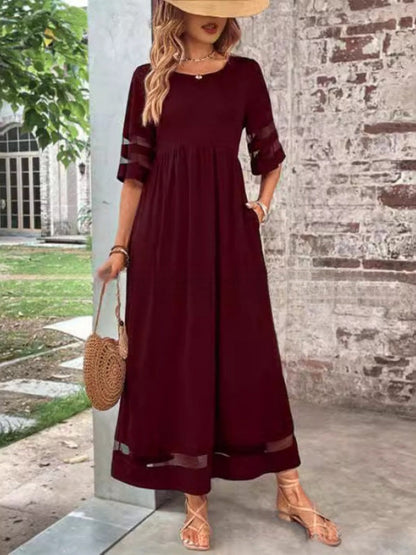 Half Sleeves Spliced Mesh Loose-fit Comfort Midi Dresses