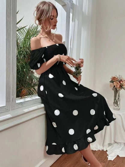 Square Collar Polka Dots Short Sleeve Ruffle Vacation And Leisure Maxi Dresses