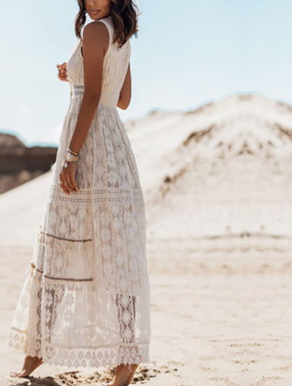 Crochet Lace V-Neck Lace Up Tassel Detail Tiered Boho Maxi Dress