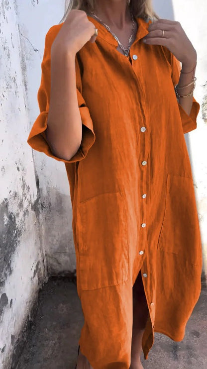 Mid-length Sleeve Cotton Linen Buttons Solid Color Midi Dresses