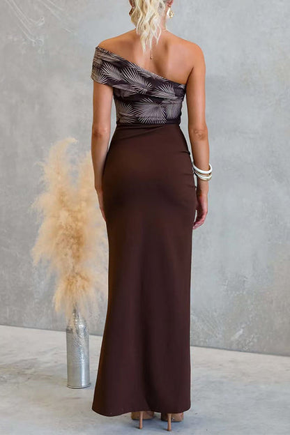 Asymmetrical Shoulder Ruffle Detail Printed Maxi Dress