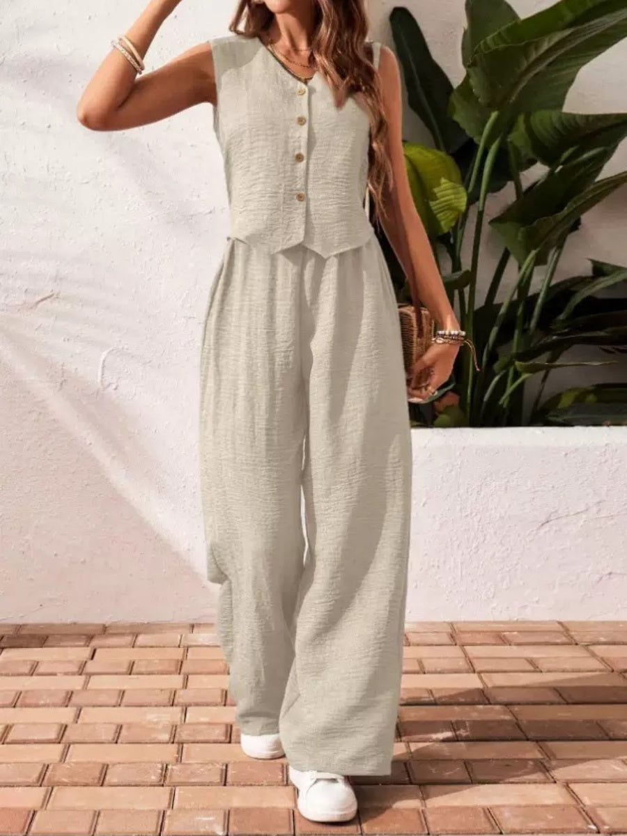 Pleated Solid Color Sleeveless Button Vest Wide-leg Pants 2-piece Sets