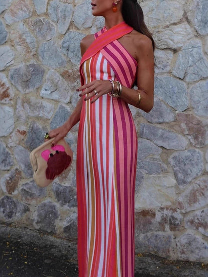Stripes Cross-neck Sleeveless Fit Maxi Dresses