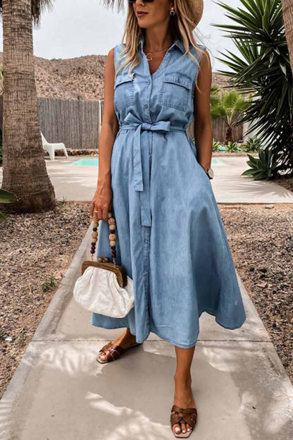 Sleeveless Collar Button Front Tie Waist Denim Shirt Midi Dress