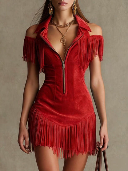 Tassel Suede Off-shoulder Zipper Mini&Short Dresses