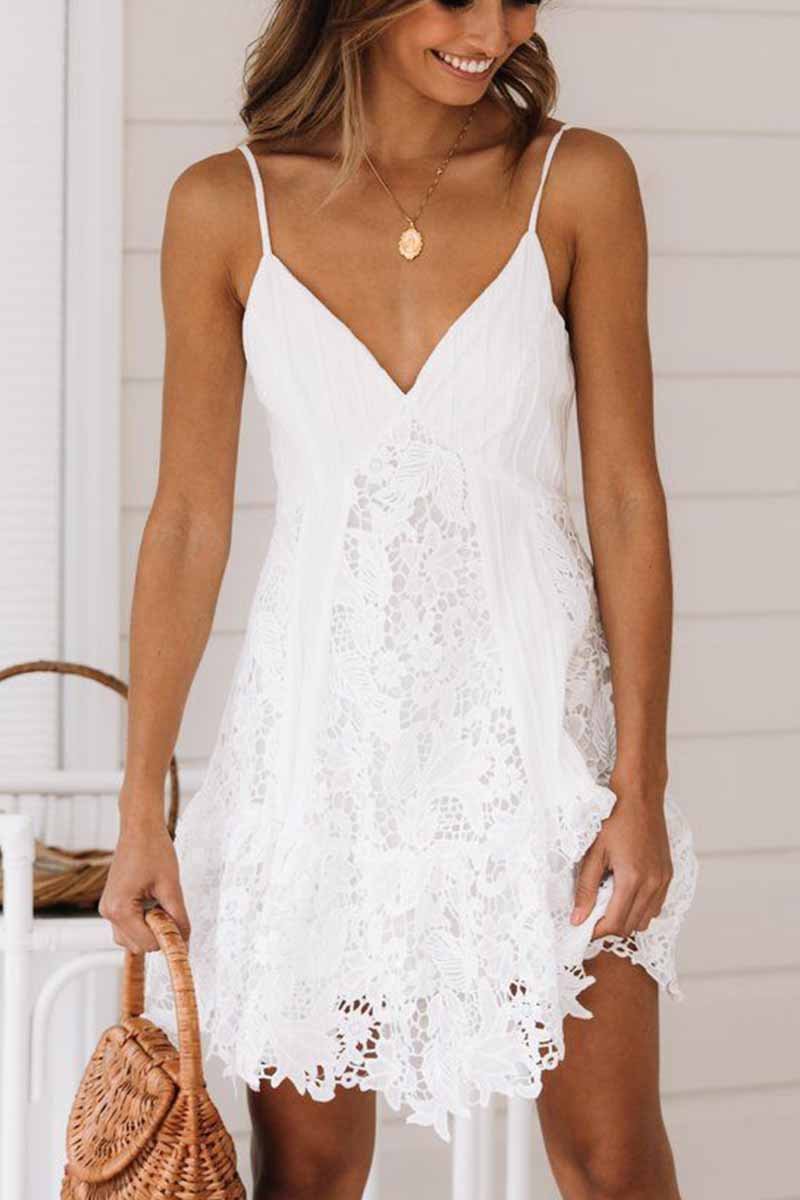 Deep V-Neck Lace Overlay Spaghetti Strap Scalloped Hem A-Line Mini Dress