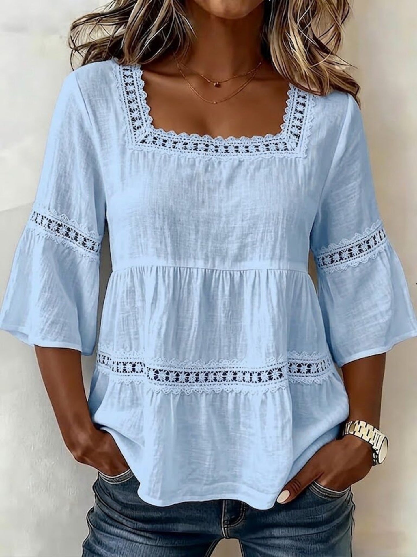 Lace Patchwork Cotton And Linen Square Neckline And Three-quarter Sleeves T-shirts