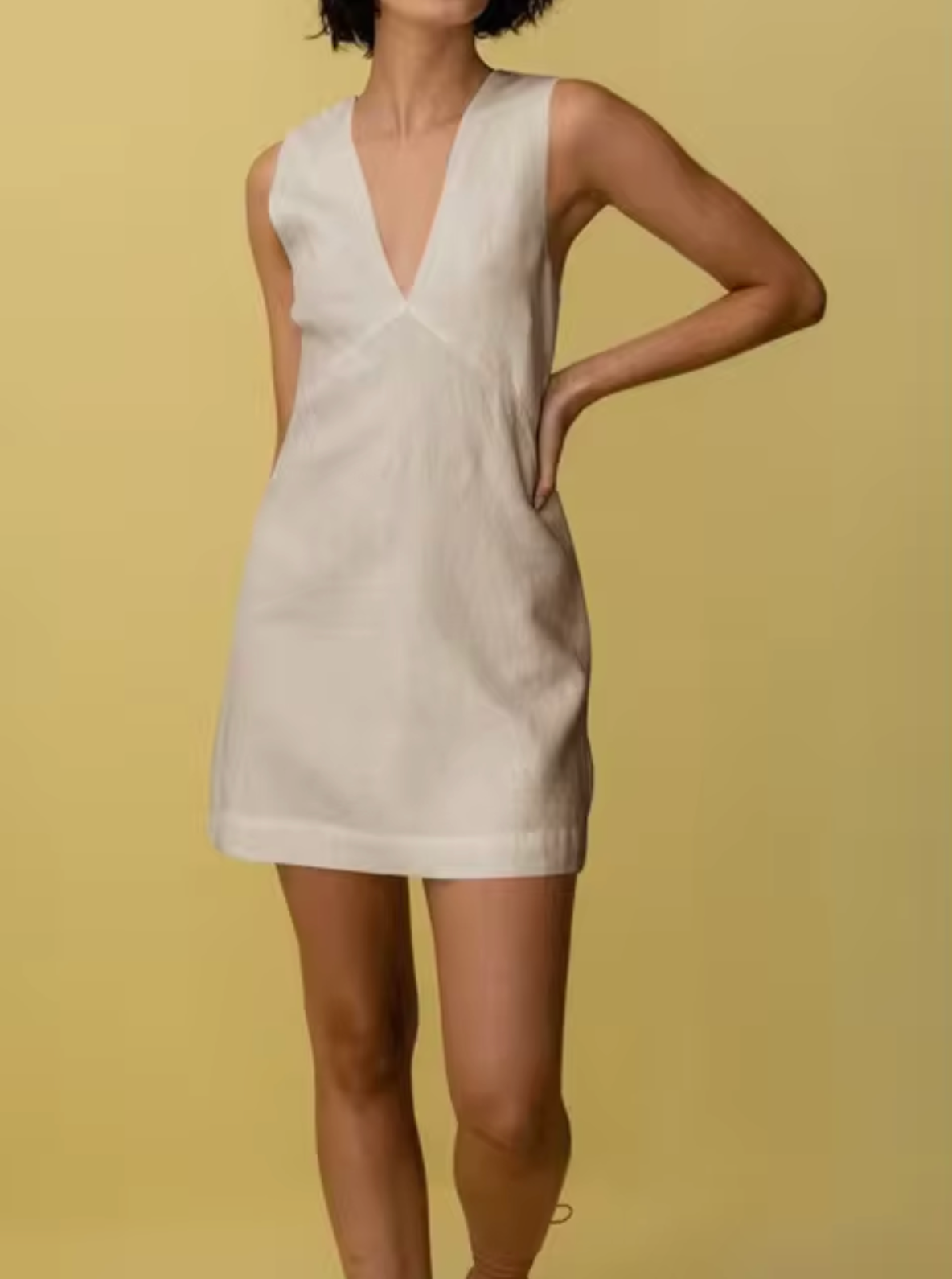 Deep V-Neck Panel Seam Linen Look Sleeveless Shift Mini Dress