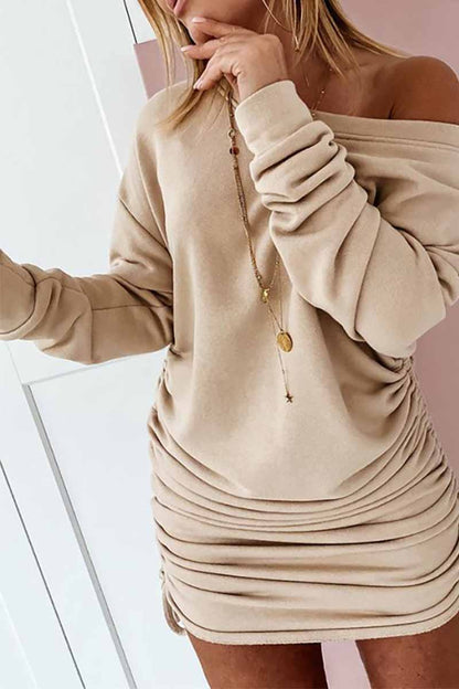 Off-Shoulder Asymmetric Neckline Side Ruched Drawstring Sweatshirt Mini Dress