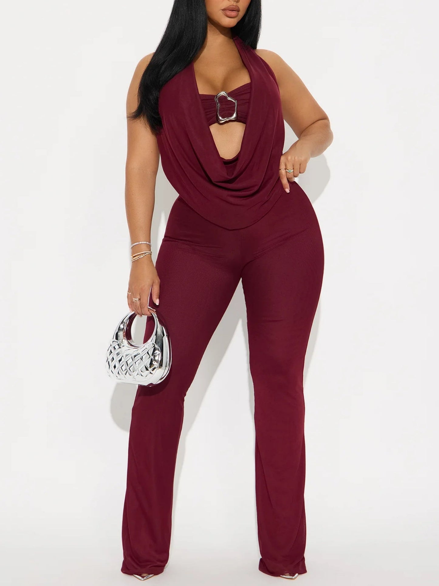 Metal Decoration Strapless Halter Top Slim-fit Trousers 2-piece Sets