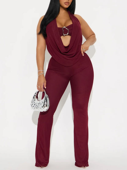 Metal Decoration Strapless Halter Top Slim-fit Trousers 2-piece Sets